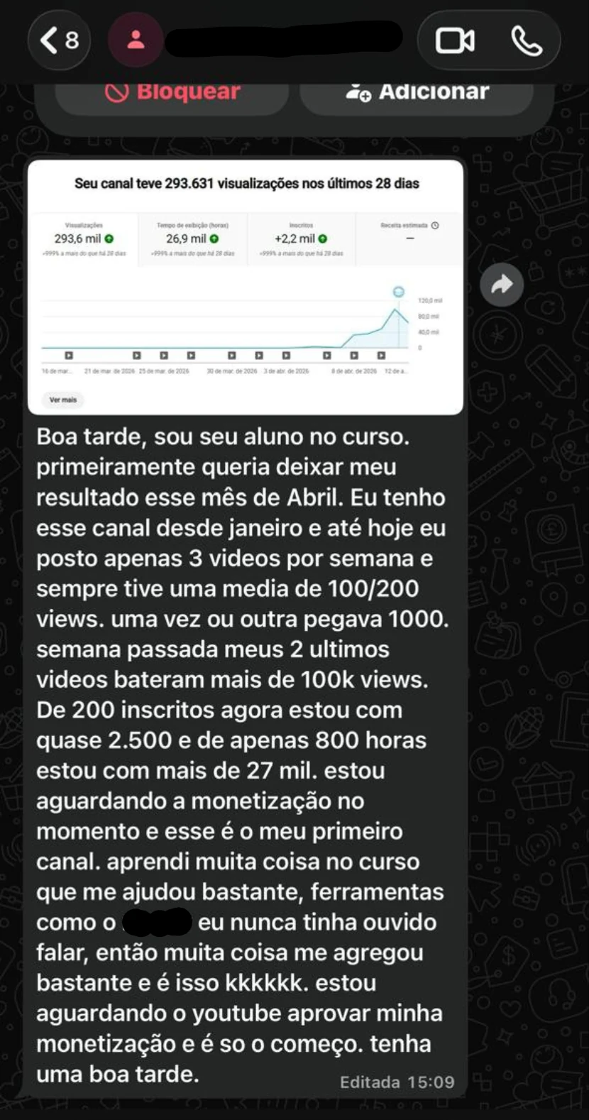 Aluno mostra 293.631 visualizações em 28 dias no primeiro canal; monetização aguardava aprovação