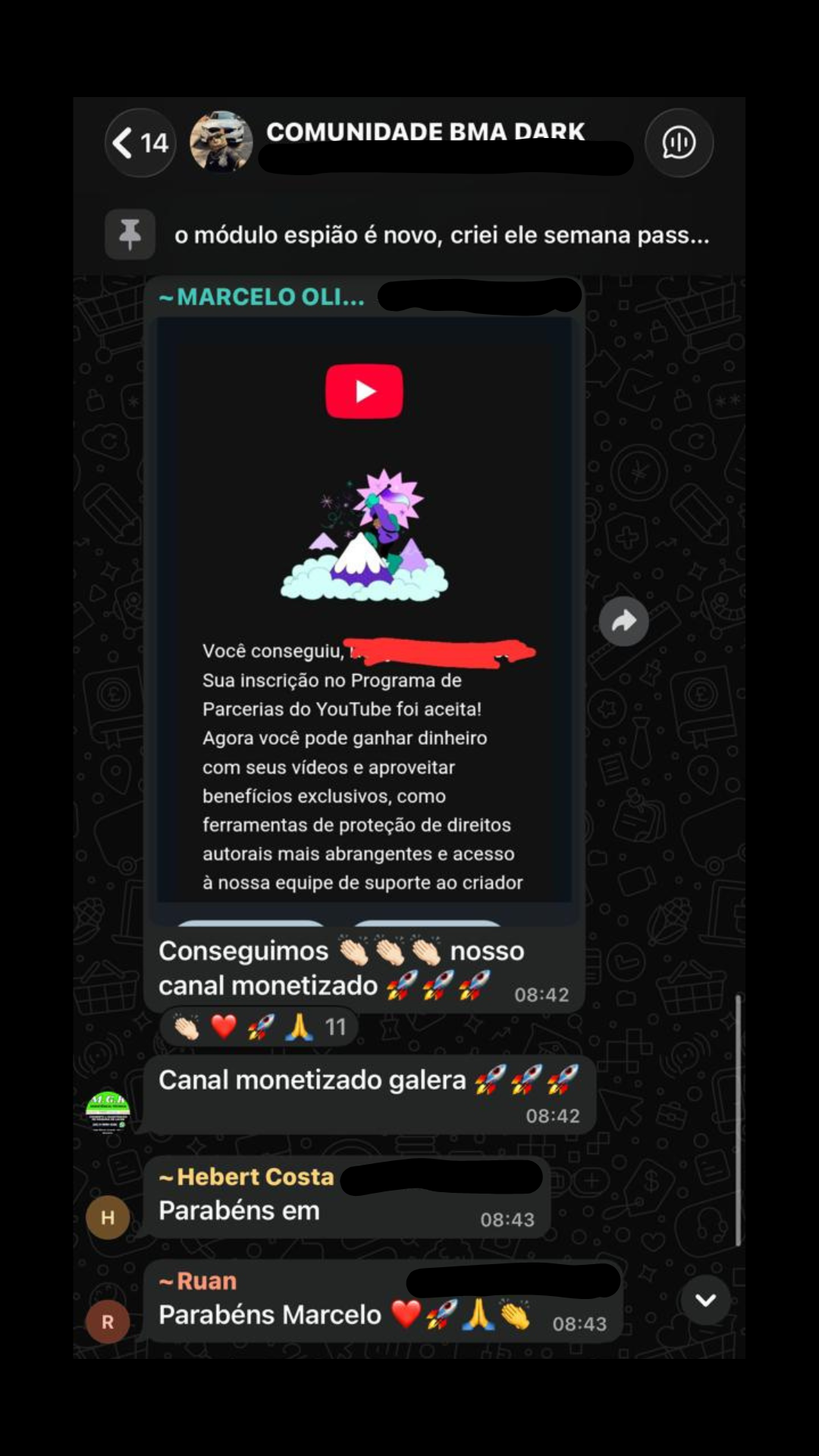 Mensagem de Marcelo na comunidade mostrando aprovação do canal no Programa de Parcerias do YouTube.