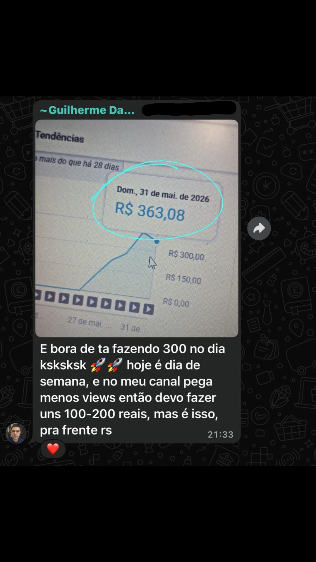 Print compartilhado por Guilherme com R$363,08 de receita estimada em 31 de maio de 2026.