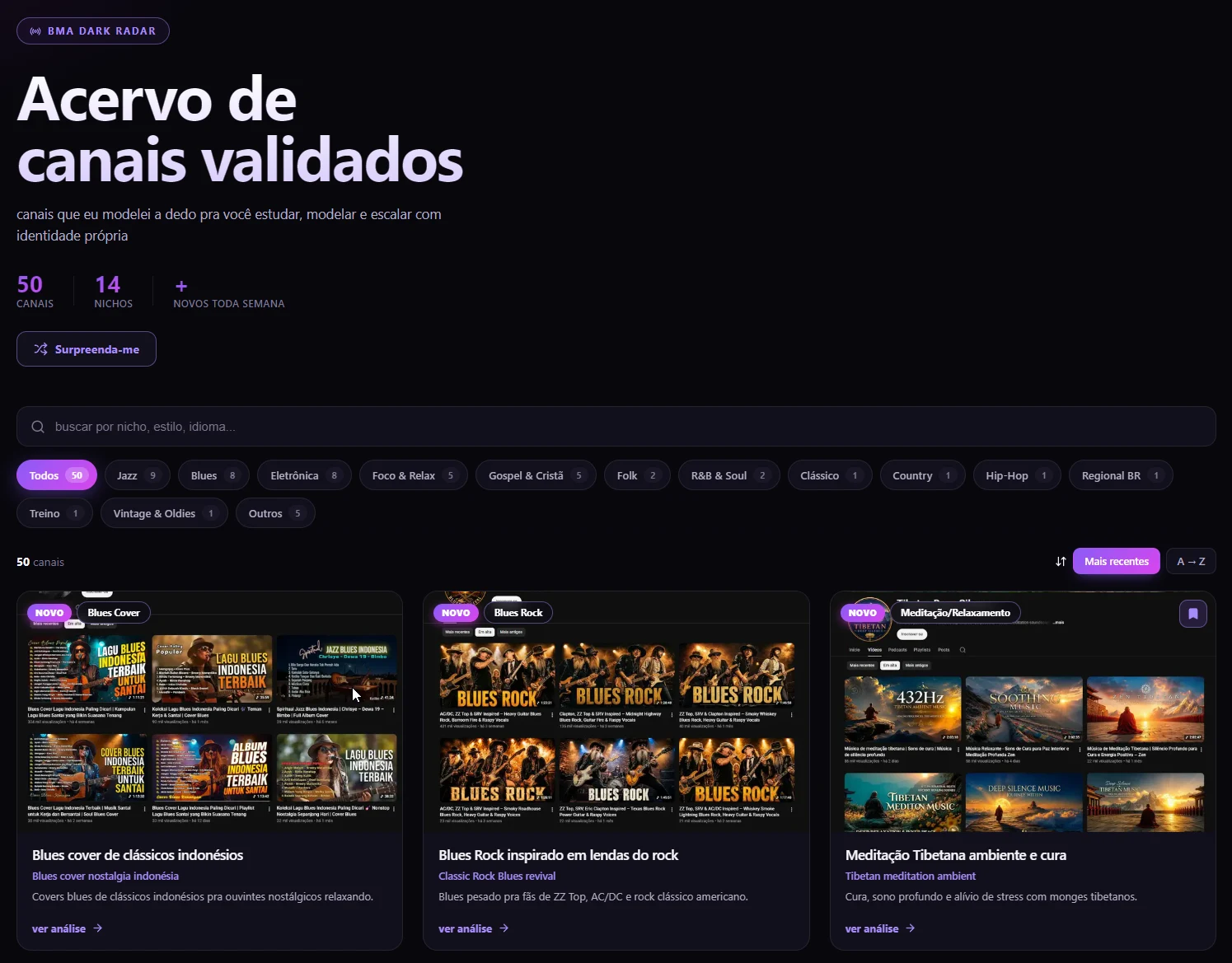 Acervo do BMA Dark Radar mostrando canais validados organizados por nicho