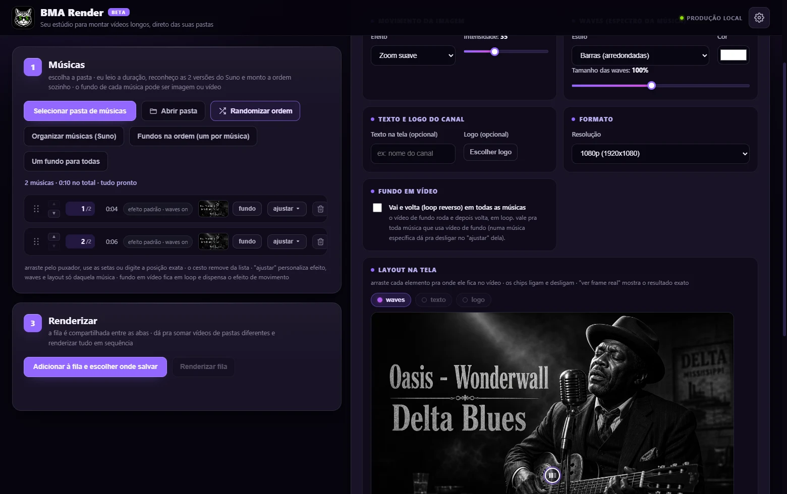 BMA Render com músicas carregadas e ajustes do vídeo
