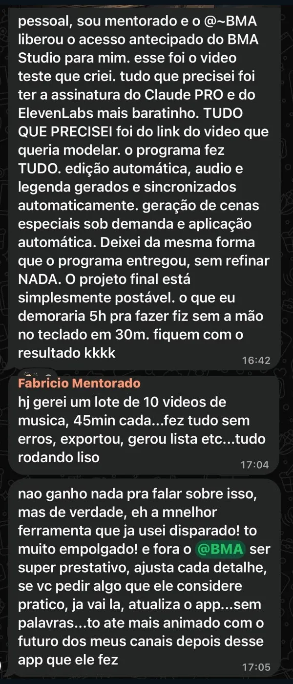 Print do grupo de alunos no WhatsApp: o Torini conta que só precisou do link do vídeo para modelar e que o Studio fez tudo, e o Fabrício diz que gerou um lote de 10 vídeos de música sem erros e que é a melhor ferramenta que já usou